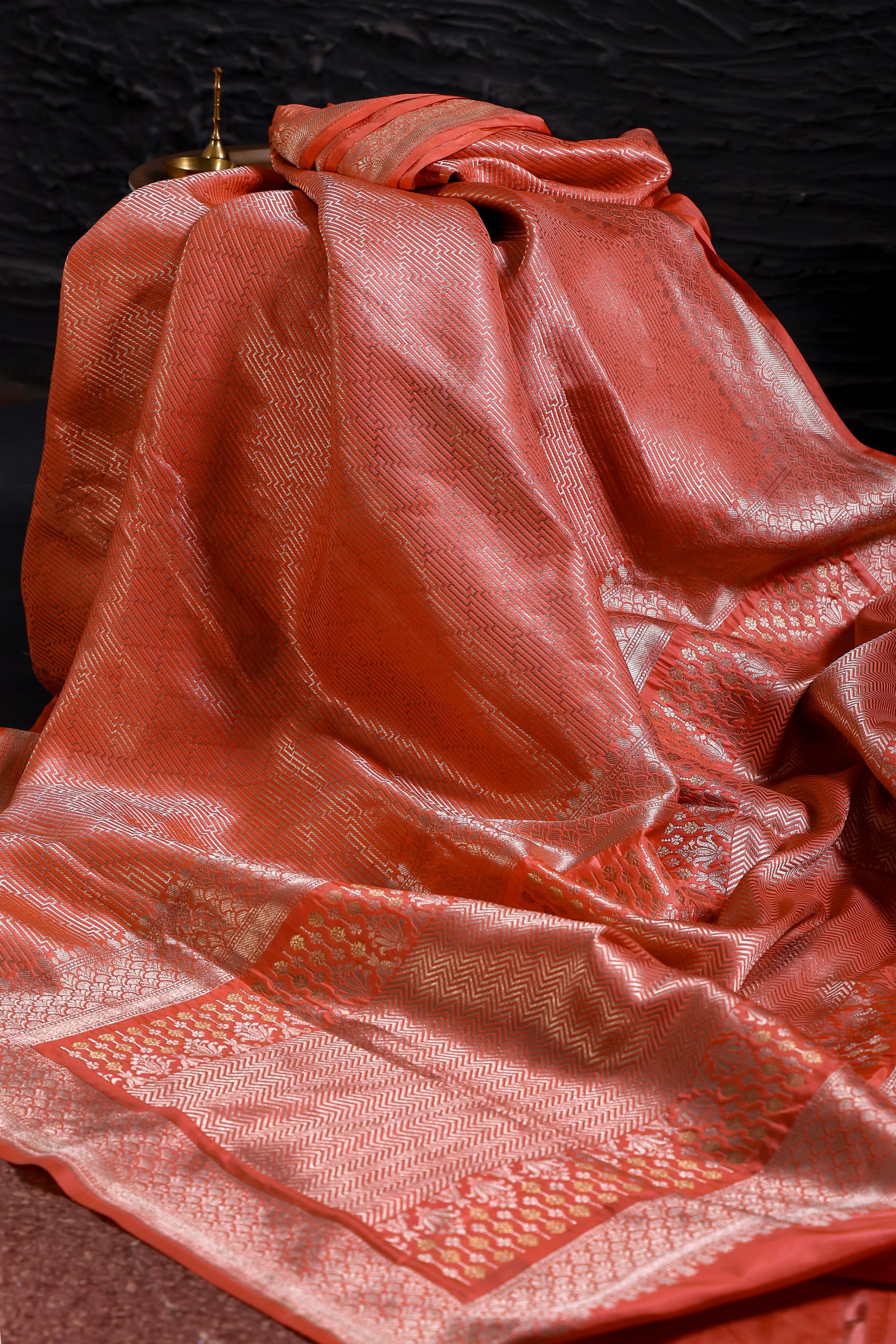 Coral orange geometric zari pure silk banarasi - Image 3